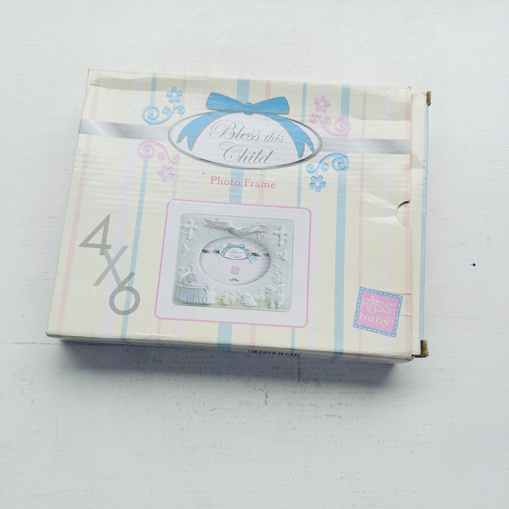 Russ Baby Bless This Child Baptism Photo Frame 4x6 Ceramic White Pastel 31389